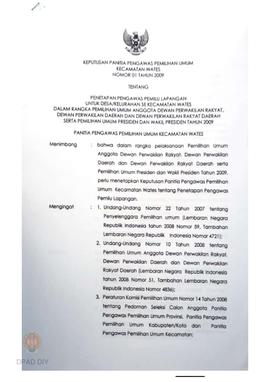 Keputusan Panitia Pengawas Pemilihan Umum Kecamatan Wates No. 01 Tahun 2009 tentang Penetapan Pen...