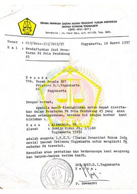 Surat dari Ketua Dewan Perwakilan Daerah Ikatan Penasihat Hukum Indonesia (IPHI)  Daerah Istimewa...