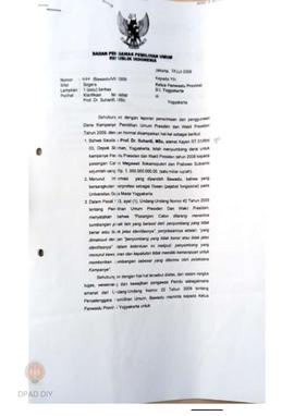 Surat dari Badan Pengawas Pemilihan Umum RI kepada Ketua Panwaslu Provinsi DIY perihal Klarifikas...