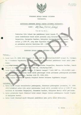 Surat Keputusan Gubernur Kepala DIY No. 38/Idz/KPTS/1987 tentang pemberian ijin lokasi dan pembeb...