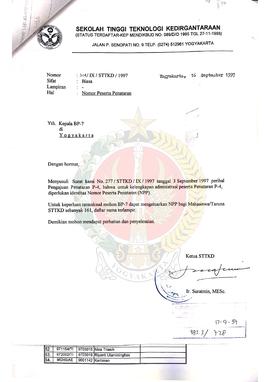 Surat dari Ketua Sekolah Tinggi Teknologi Kedirgantaraan (STTKD) kepada Kepala BP-7 Yogyakarta pe...