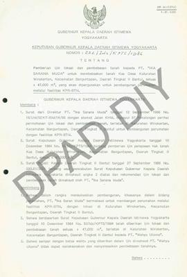 Surat Keputusan Gubernur Kepala Daerah Istimewa Yogyakarta  Nomor : 222/Idz/KPTS/1986 tentang pem...