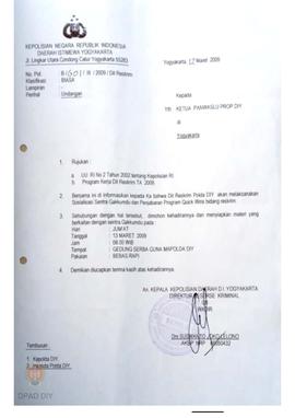 Surat dari Dit Reskrim untuk Ketua Panwaslu Provinsi DIY mengenai  Sosialisasi Sentra Gakkumdu da...