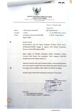 Surat dari Panitia Pengawas Pemilihan Umum Kabupaten Sleman No. 138 / Panwaslu – Sleman / 09 kepa...