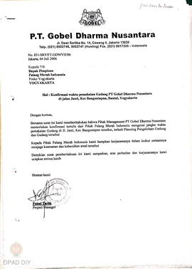 Surat dari PT. Gobel Dharma Nusantara kepada pimpinan PMI Posko Yogyakarta tentang konfirmasi wak...