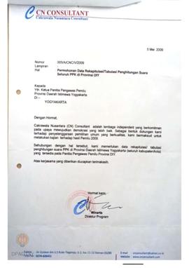 Surat dari Cakrawala Nusantara Consultant kepada Ketua Panwaslu Provinsi DIY perihal permohonan d...