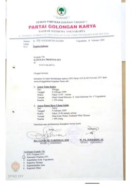 Surat dari Dewan Pimpinan Daerah Golkar Provinsi DIY untuk Ketua  Panwaslu Propinsi DIY perihal p...