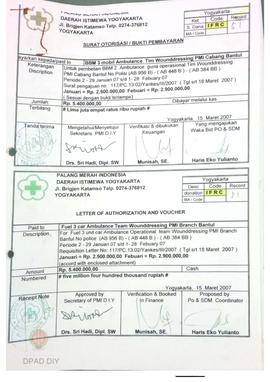 Surat otorisasi untuk pembelian BBM 2 ambulance guna operasional Tim Woundressing periode 2 s.d. ...