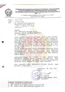 Surat dari Kepala BP-7 Daerah Istimewa Yogyakarta kepada Sekretaris Wilayah Daerah Provinsi Daera...