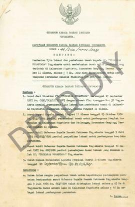 Surat Keputusan Gubernur Kepala DIY No. 46/Idz/KPTS/1987 tentang pemberian ijin lokasi dan pembeb...