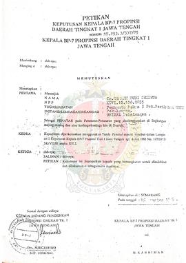 Petikan Keputusan Kepala BP-7 Provinsi Daerah Tingkat I Jawa Tengah Nomor : SK.893.3/537/85 yang ...