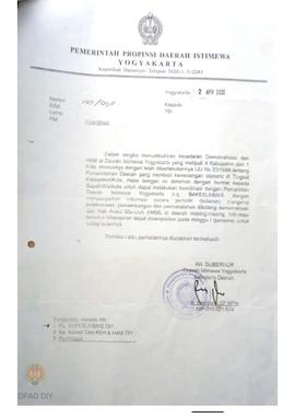 Surat dari Sekretaris Daerah DIY kepada Kepala Bupati/Walikotamadya No. 130/0911 perihal koordina...