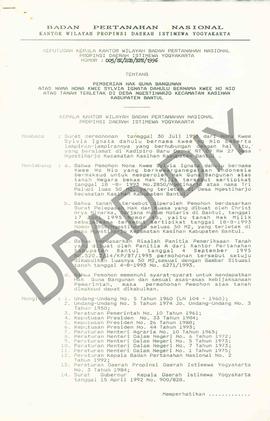 Surat Keputusan Kepala Kantor Wilayah Badan Pertanahan Nasional Provinsi DIY. No : 005/SK / HGB /...