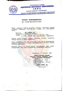 Surat Rekomendasi No: 20/SR-AAI/DIY/I/1997 dari Dewan Pimpinan Cabang AAI a.n. Edi Sutomo, SH unt...