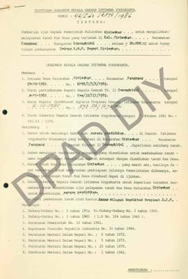 Surat Keputusan Gubernur DIY No. 46/Id2/KPTS/1986 tentang pemberian ijin kepada Pemerintah Kalura...