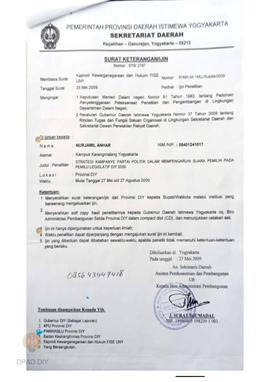 Surat dari Sekretariat Daerah DIY kepada Ketua  Panwaslu Provinsi DIY perihal ijin penelitian unt...