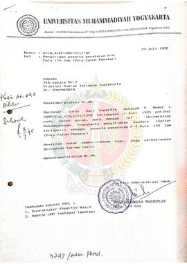 Surat dari Kepala Biro Administrasi Umum Universitas Muhammadiyah Yogyakarta kepada Kepala BP-7 P...