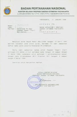Surat dari Kepala Kantor Wilayah Badan Pertanahan Nasional Provinsi Daerah Istimewa Yogyakarta ke...