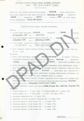 Surat Keputusan Gubernur DIY No. 134/Id2/KPTS/1986 tentang pemberian ijin kepada Pemerintah Kalur...