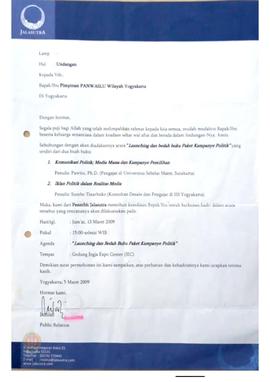 Surat dari  Jobsutra, Publik Relation untuk  Ketua  Panwaslu Provinsi DIY  perihal :  launching d...