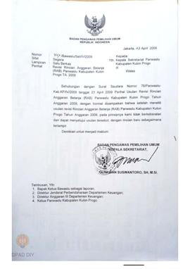 Surat dari Bawaslu RI kepada Kepala Sekretariat Panwaslu Kabupaten Kulon Progo tentang Revisi Rin...