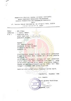 Surat dari Kepala Bidang Pendidikan BP-7 Daerah Istimewa Yogyakarta kepada segenap Peserta Penata...
