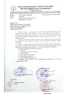 Surat masuk tanggal 20 Februari 2001 dari SMP Muhammadiyah 1 Prambanan nomor : E.2/27255/e16/II/2...