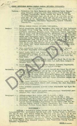 Surat keputusan Gubernur Kepala Daerah DIY, no. 414/1973 tentang pemberian Hak Guna Bangunan atas...