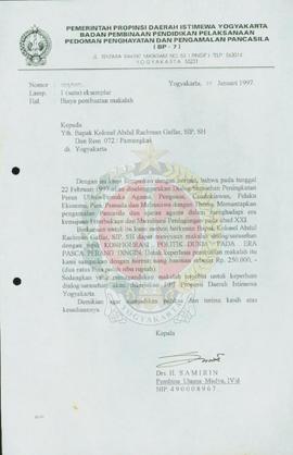Surat dari Kepala BP-7 Pemerintah Provinsi Daerah Istimewa Yogyakarta kepada Kolonel Abdul Rachma...