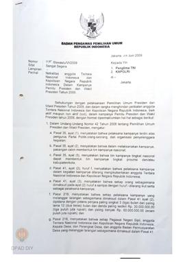 Surat dari Badan Pengawas Pemilihan Umum Republik Indonesia kepada  Panglima TNI dan Kapolri peri...