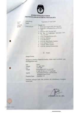 Surat dari KPU Provinsi DIY perihal undangan penyerahan dokumen laporan dana kampanye partai poli...