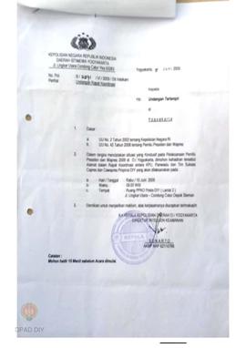 Undangan dari Polda DIY Nomor : B / 2271 / VI / 2009 / Dit Intelkam untuk Ketua  Panwaslu Provins...