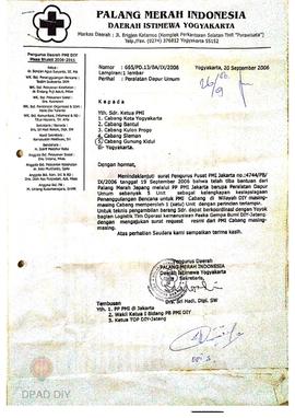 Surat No. 665/PD.13/BA/IX/2006 tanggal 20 September 2006 dari PMI DIY kepada Ketua PMI Cabang Gun...