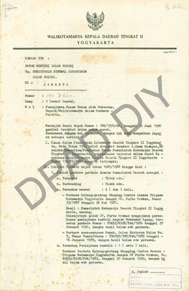 Surat dari Walikotamadya Kepala Daerah Tingkat II Yogyakarta, Djatmikanto,D. kepada Menteri Dalam...