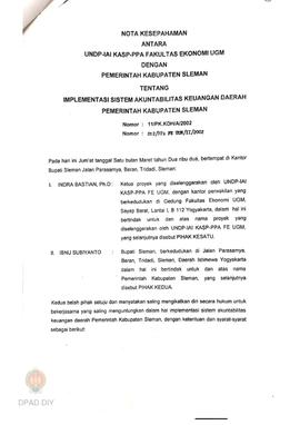 Nota kesepakatan antara UNDP-IAI KASP-PPA Fakultas Ekonomi UGM dengan Pemkab Sleman No. 11/PK.KDH...