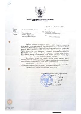 Surat  Dari Bawaslu No. 270 / L / Bawaslu / IX / 08 kepada Panwaslu perihal tindaklanjut Surat Me...