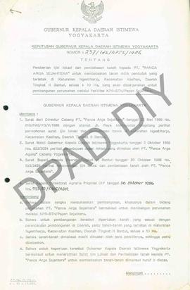 Surat Keputusan Gubernur Kepala DIY No. 237/Idz/KPTS/1986 tentang pemberian ijin lokasi dan pembe...