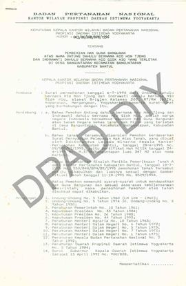 Surat Keputusan Kepala Kantor Wilayah Badan Pertanahan Nasional Provinsi DIY. No : 003/SK / HGB /...