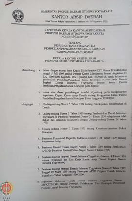 Surat Keputusan Kepala Kantor Arsip Daerah Provinsi Daerah Istimewa Yogyakarta Nomor: 20/KEP/1999...