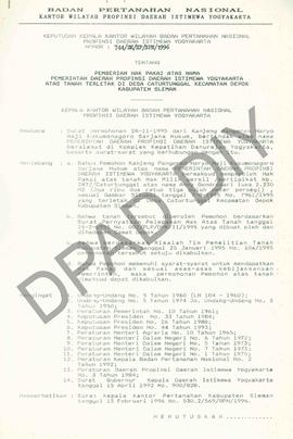 Surat Keputusan Kepala Kantor Wilayah Badan Pertanahan Nasional Provinsi DIY. No : 744/SK / HP / ...