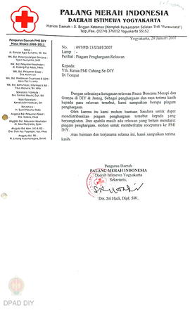 Surat No. 097/PD.13/UM/2007 perihal ucapan terimakasih atas selesainya tugas relawan pasca bencan...