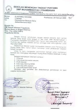 Tanggal 20 Februari 2008 proposal permohonan dana pembangunan kembali gedung SMP Muhammadiyah I P...