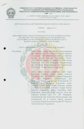 Surat Keputusan Kepala BP-7 Provinsi Daerah Istimewa Yogyakarta nomor: 893.3/1021 tentang mekanis...