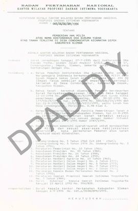 Surat Keputusan Kepala   Kantor Wilayah Badan Pertanahan Nasional Provinsi DIY. No : 008 /SK / HM...