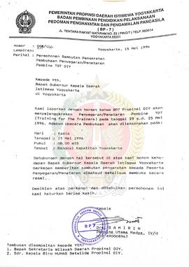 Surat dari Kepala BP-7 Daerah Istimewa Yogyakarta perihal permohonan sambutan pengarahan pembukaa...