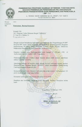 Bendel surat dari Pemimpin Proyek Pembinaan dan Pengembangan P-4 BP-7 Provinsi Daerah Istimewa Yo...