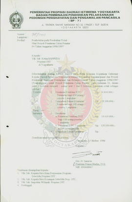 Surat dari Kepala BP-7 Daerah Istimewa Yogyakarta Kepada Ketua Badan Perencanaan Pembangunan Daer...