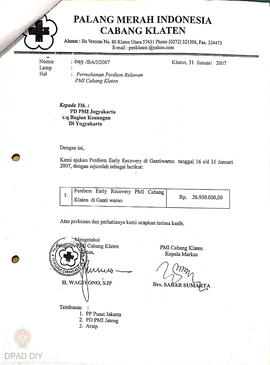 Surat otorisasi/bukti pembayaran perdiem 43 relawan bidang early recovery PMI cabang Klaten perio...