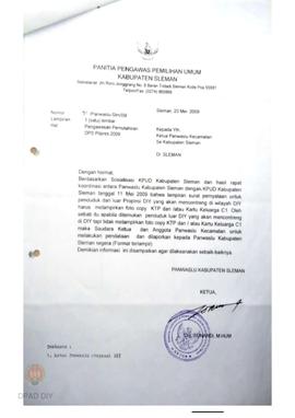 Surat dari Panwaslu Kabupaten Sleman perihal pendataan dan pelaporan apabila menemukan penduduk l...
