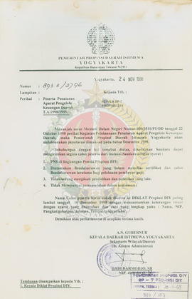 Berkas surat perihal pengiriman nama calon peserta penataran dariBP-7 Provinsi Daerah Istimewa Yo...